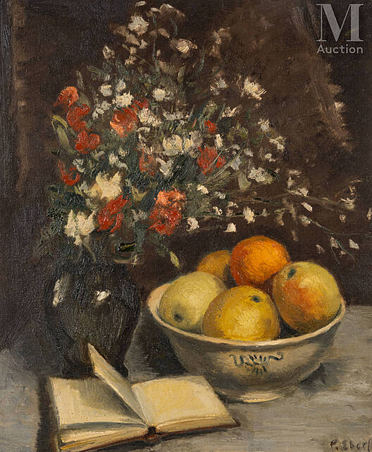 Martwa natura z książką i bukietem