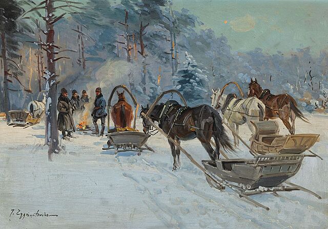 MYŚLIWI PRZY SANIACH I OGNISKU