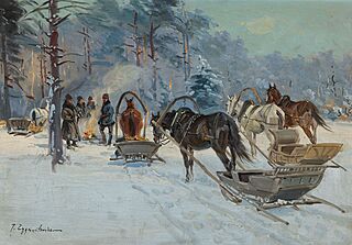 MYŚLIWI PRZY SANIACH I OGNISKU