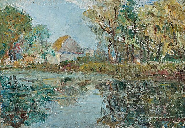 PEJZAŻ Z CHATĄ NAD WODĄ