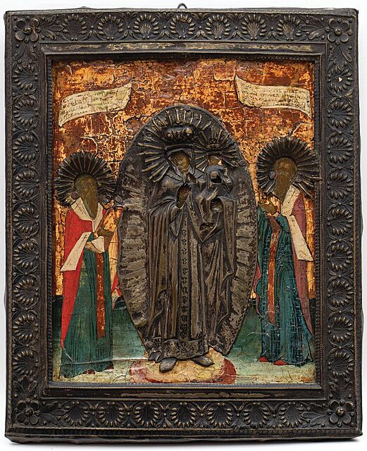 IKONA, MATKA BOŻA I DWÓCH ŚWIĘTYCH, Rosja, XVIII w.