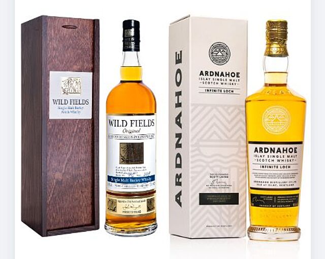 Wild Fields Single Malt 100% Barley Polish Whisky in wooden box 0,7L 46,5% Ardnahoe Islay Single Malt Scotch Whisky Infinite Loch 0,7L 50% Zestaw