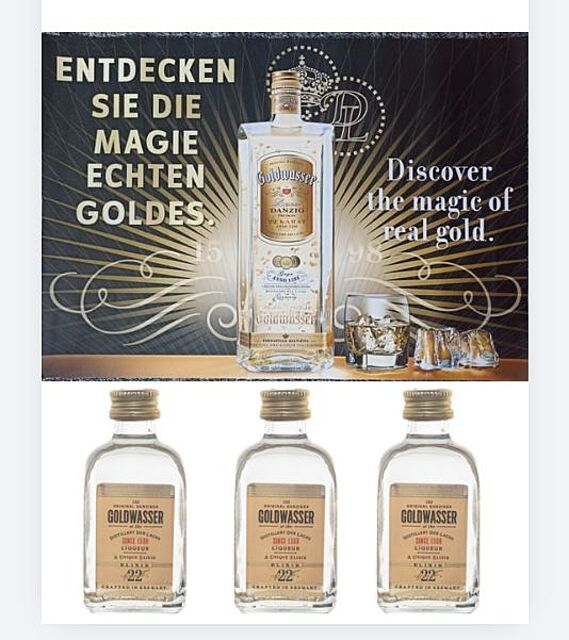 Original Danziger Goldwasser 0,05L 40% Zestaw 3 miniaturek z plakatem reklamowym