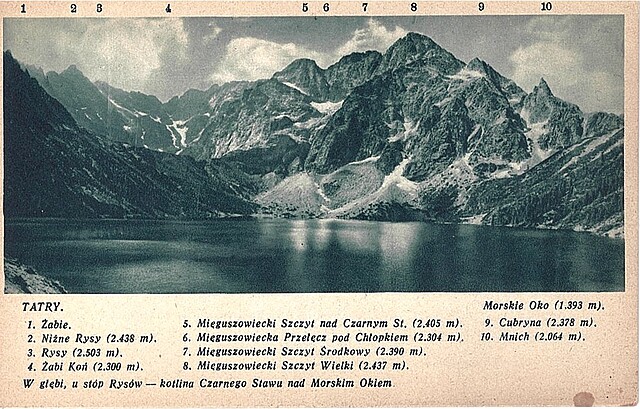 Tatry. 1. Żabie. 2. Niżne Rysy (2.438 m.), 3. Rysy (2.503), 4. Żabi Koń (2.300 m), 5. Mięguszowiecki