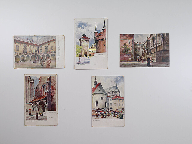 Zestaw 5 pocztówek: Zabytki Krakowa (malował Stanisław Tondos)