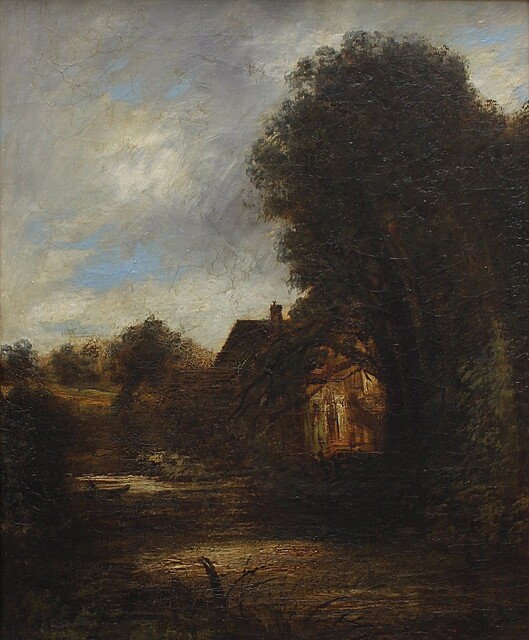 Pejzaż z domem nad stawem