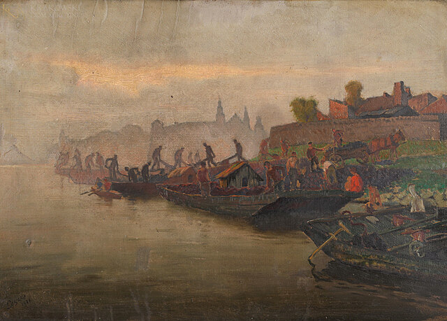 "Kraków - piaskarze na Wiśle | Rwący strumień" (1933) (praca dwustronna)