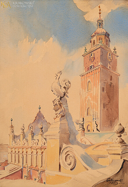 "Kraków - kogut na Sukiennicach i widok na wieżę ratuszową"