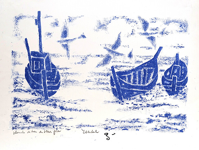 Łodzie na morzu, niebieskie, ok. 1970