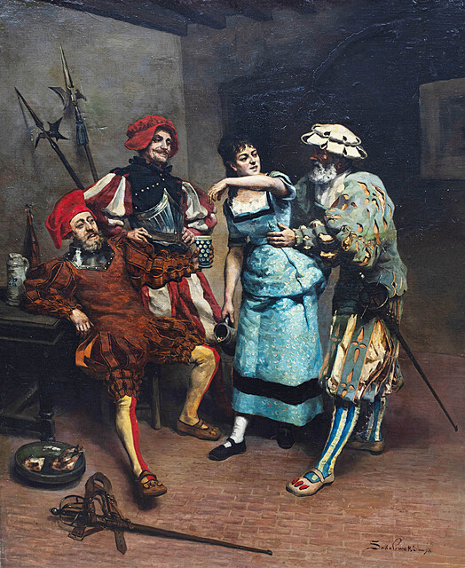 Landsknechci w wartowni, 1878 r. (inny tytuł: Halabardnicy w gospodzie dokuczający młodej kelnerce)