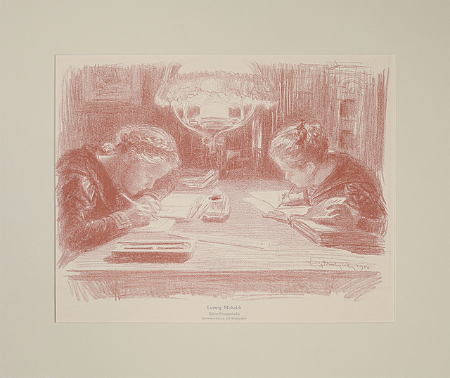 Uczennice na stancji, odrabiają lekcje (tyt.oryg.: ”Beleuchtungsstudie”), 1900