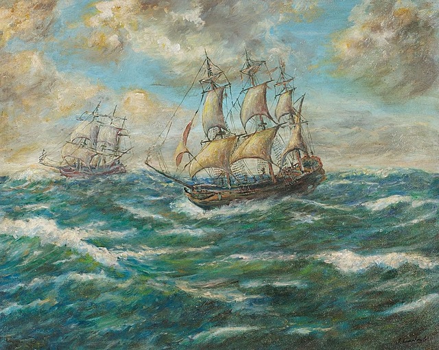 DWA ŻAGLOWCE NA MORZU, 2 poł. XX w.