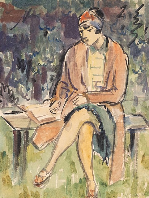 PORTRET ŻONY CZYTAJĄCEJ NA PARKOWEJ ŁAWCE, ok. 1925