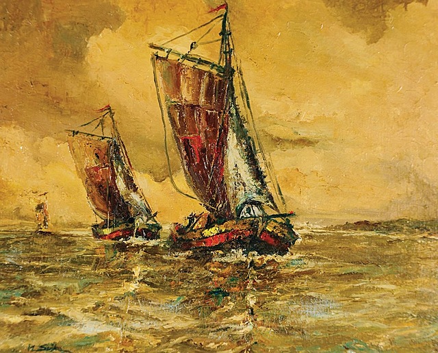 DWIE ŁODZIE ŻAGLOWE NA MORZU, ok. 2000