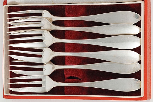 SZEŚĆ WIDELCZYKÓW wz. Księstwo Warszawskie, Polska, Warszawa, Wytwórnia Wyrobów Srebrnych, przed 1963