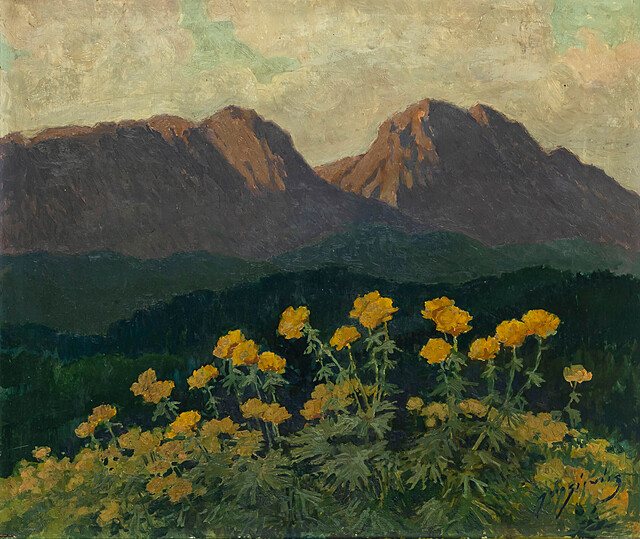 Pejzaż górski z kwiatami