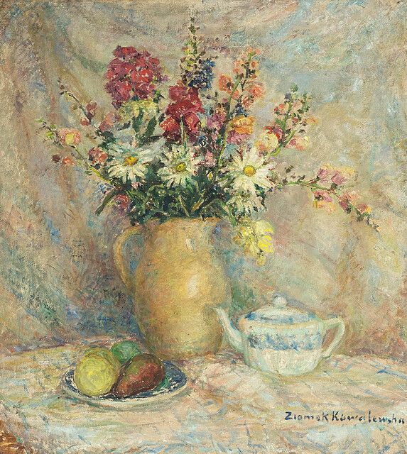 Martwa natura z kwiatami/Pejzaż, lata 60. XX w.