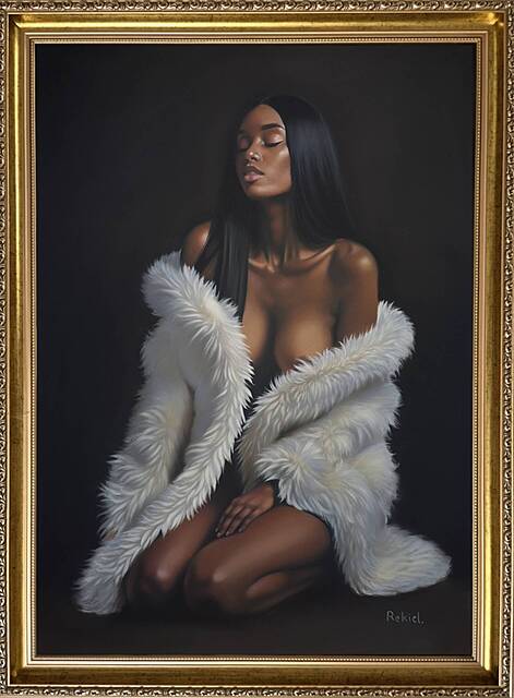 Półakt kobiety w białym futerku, 2025