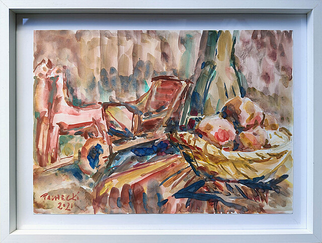 Martwa natura z koszem owoców i zabawką z konikami, 2021