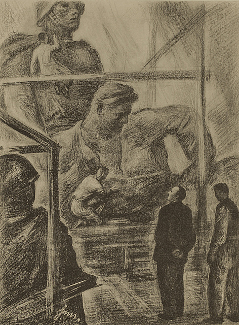 Bolesław Bierut w pracowni rzeźbiarskiej, 1952 r.