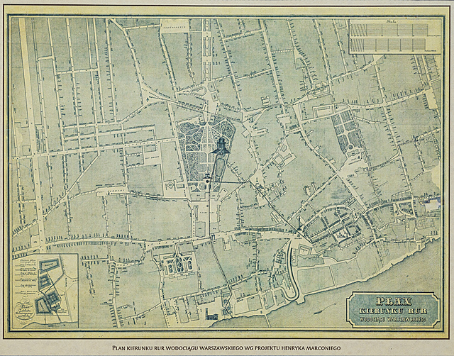 Plan kierunku rur wodociągu warszawskiego.