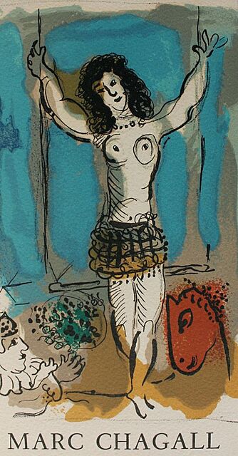Akrobata na trapezie („Hommage a Marc Chagall”, Berggruen&Cie, 1967, Mourlot #477a)