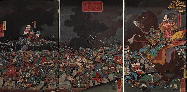 Wojska Takedy Shingena po zejściu z góry Seijo i przeprawie przez rzekę Amenomiya, walczą z Amakasu Kagemochi pod Kawanakajima w prowincji Shinshu-tryptyk, 1855