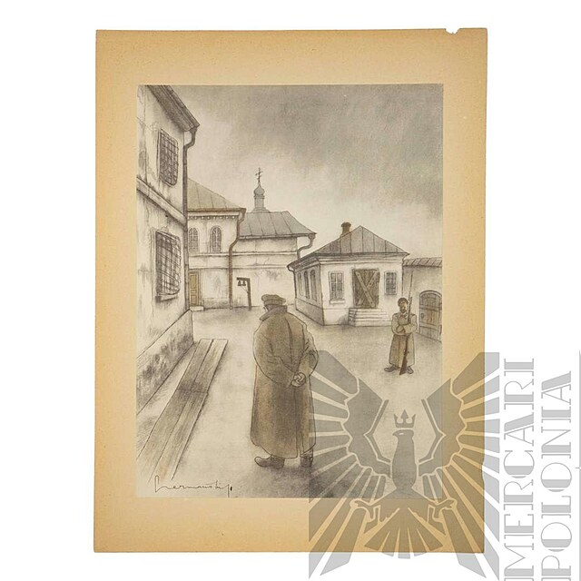 Litografia z 1936 roku z cyklu Piłsudski na Syberii