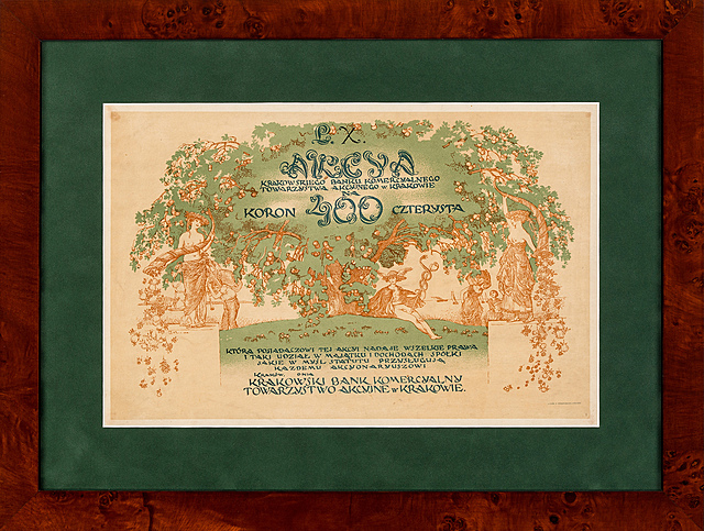 Projekt „Akcji Krakowskiego Banku Komercyalnego Towarzystwa Akcyjnego w Krakowie - 400 Koron", 1918 rok