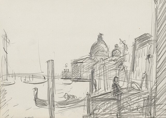 Gondole w Wenecji z kościołem Santa Maria della Salute w dali
