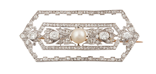 Broszka z perłą i diamentami, art déco, l. 20.–30. XX w.