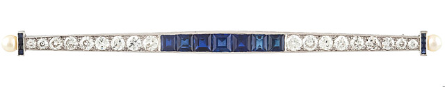 Brosza z szafirami, diamentami i perłami, art déco, l. 20. – 30. XX w.