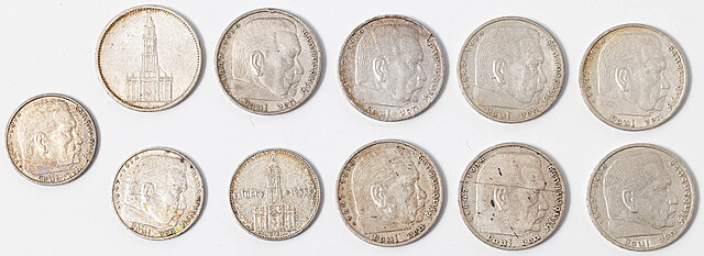 SREBRNE MONETY, III Rzesza, 11 szt.