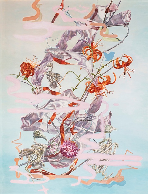 Pigeon Skeletons Composition with Orange Lilies, Ribbons and Spray Paint, 2020