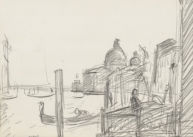 Gondole w Wenecji z kościołem Santa Maria della Salute w dali