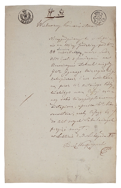 Akt cesji 3500 zł na dobrach Kraśniczyn hrabiego Ignacego Miączyńskiego, Lublin 3 XI 1810