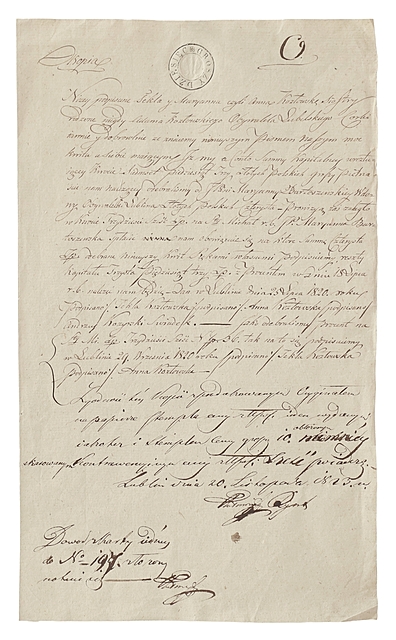 Akt odbioru 753 zł przez Teklę i Mariannę Kozłowskie, córki Adama z Lublina, od Marianny Bartoszewskiej. Lublin 25 VII 1820