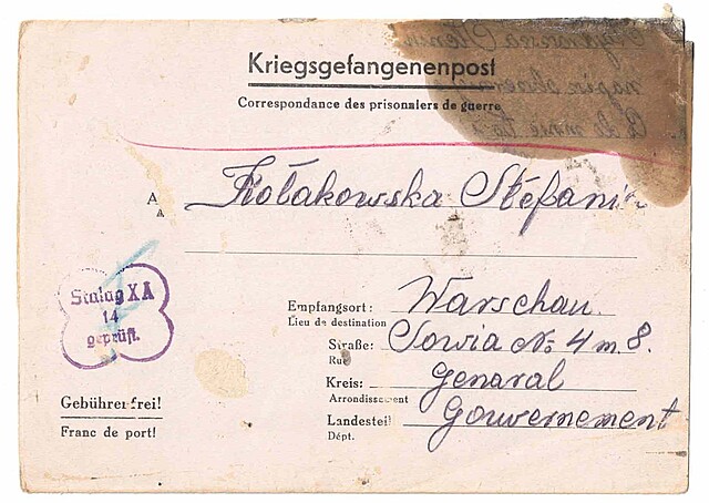  List Czesława Kołakowskiego ze Stalagu XA na oryginalnym blankiecie Kriegsgefangenepost do żony Stefanii, 1940 lub 1941