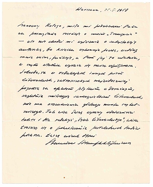 Strumph-Wojtkiewicz Stanisław (1896-1986) poeta, prozaik, ułan. List do redaktora „Życia Literackiego”. Warszawa 25 II 1958