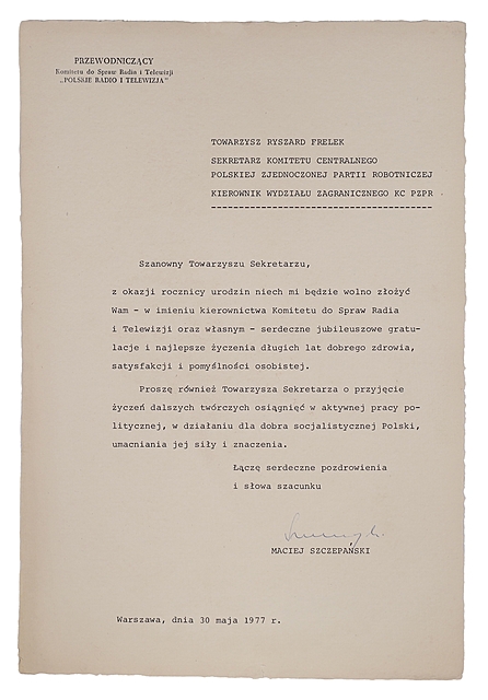 Maciej Szczepański, Laurka z okazji urodzin dla dygnitarza z Komitetu Centralnego PZPR – Ryszarda Frelka, Warszawa 30 V 1977 