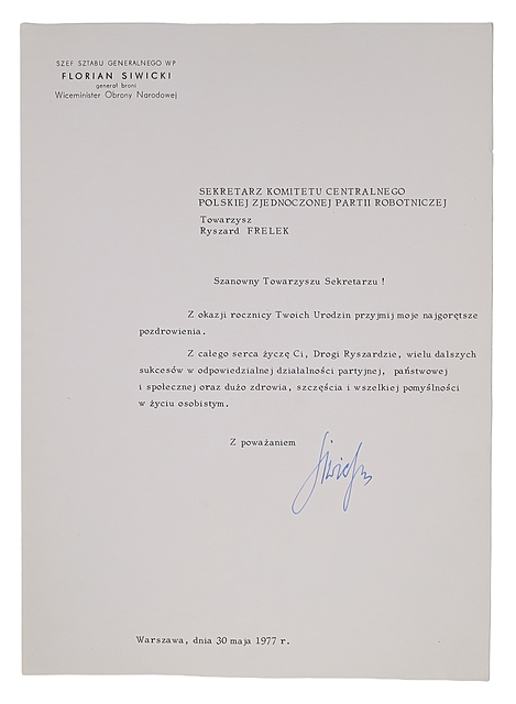 Florian Siwicki, Życzenia urodzinowe dla dygnitarza z Komitetu Centralnego PZPR – Ryszarda Frelka, Warszawa 30 V 1977