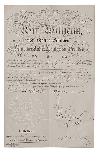 Dyplom mianujący Karola Augusta Beneke sędzią. Berlin 18 XII 1891, bifolium
