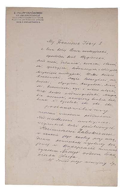Franciszek Józef I cesarz. Dyplom mianujący inż. Kazimierza Zaleskiego kawalerem orderu Franciszka Józefa. Wiedeń, 23 VI 1885