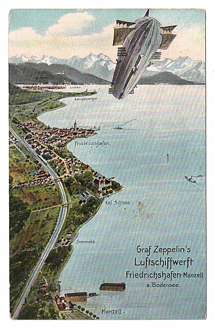 Graf Zeppelin's Luftschiffwerft Freidrichshafen-Manzell a. Bodensee. (Stocznia sterowców Hrabiego Zeppelina Friedrichshafen-Manzell nad Jeziorem Bodeńskim.)