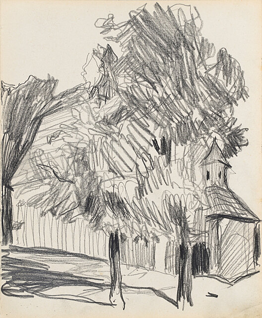 Wiejski kościółek w drzewach, lato 1903