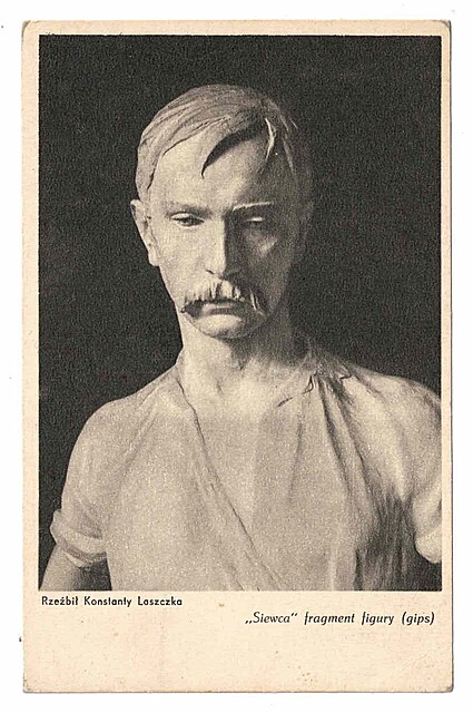 Rzeźbił Konstanty Laszczka. "Siewca" fragment figury (gips)