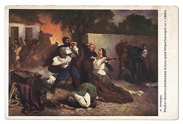 A. Grottger. Pożar dworu podczas bitwy pod Miechowem w r. 1864