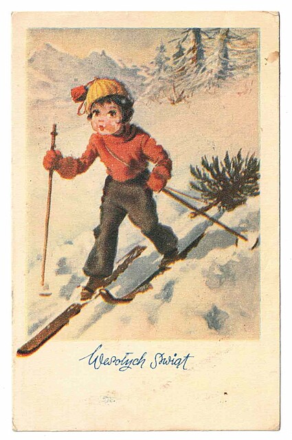 Wesołych Świąt, (dziecko na nartach).