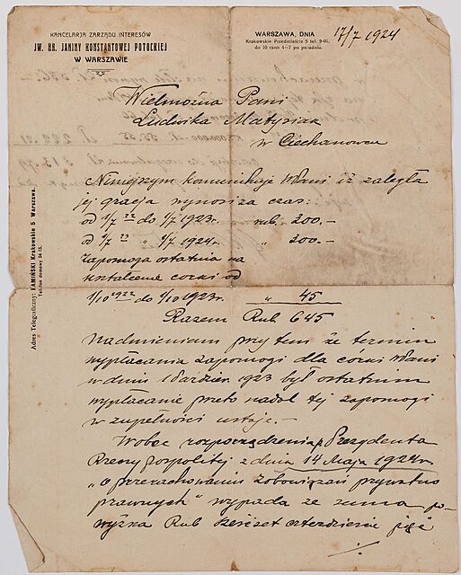 LIST, KANCELARIA ZARZĄDU INTERESÓW HRABINY JANINY POTOCKIEJ, Warszawa, 1924