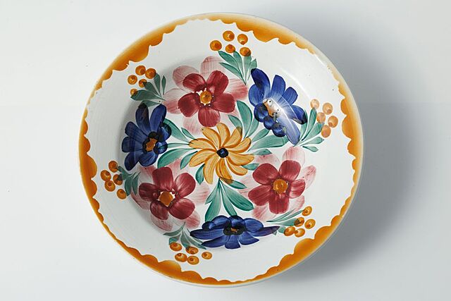 TALERZ GŁĘBOKI MALOWANY W KWIATY, Polska, Włocławek, Teichfeld & Asterblum, 1882-1902